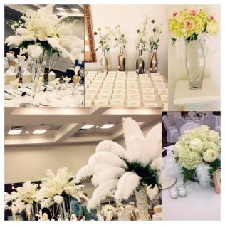 All White \"Great Gatsby\" Flowers, Feathers & Pearl Centerpieces