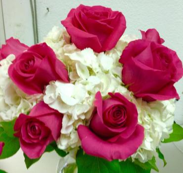 Simple White Hydrangeas/Hot Pink Floyd Rose Bouquet