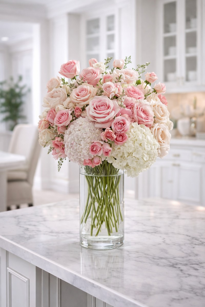 Pink Roses and White Hydrangea