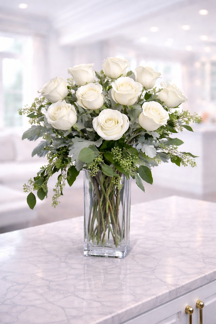 Dozen Long Stem White Roses