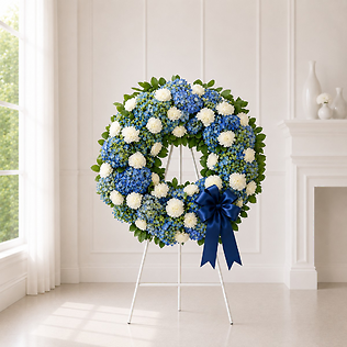 Blue Hydrangea & White Rose Remembrance Wreath