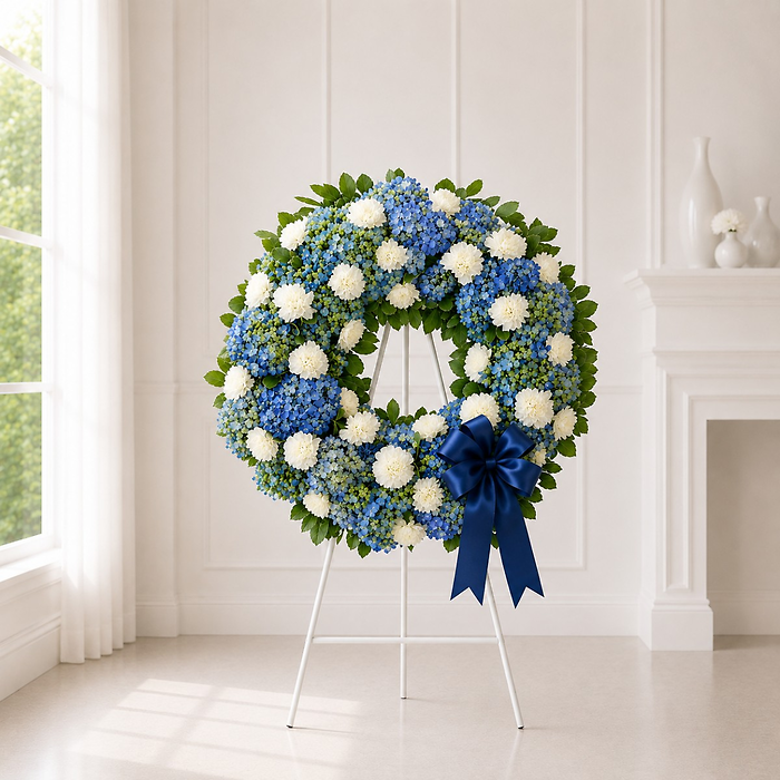 Blue Hydrangea & White Rose Remembrance Wreath