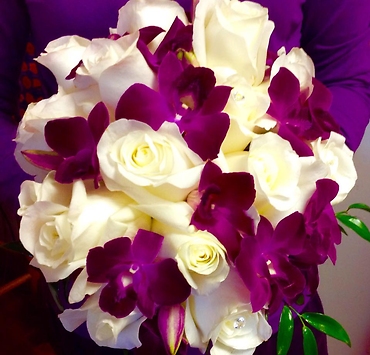 Creamy white roses/Purple Sonia orchid bouquet